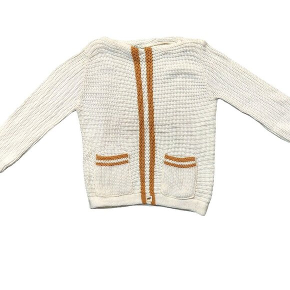 40s-80s Vintage Sweaters - Vintage 1950s Cream & Tan Stripe Textured 3/4 Sleeve Knit Sweater w/ Pockets Sma